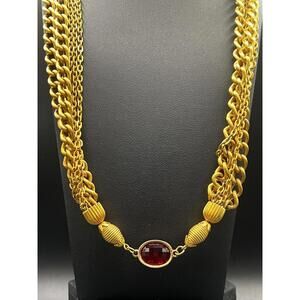 Vintage 1980s Red Gripoix Style Multi Chain Gold Tone Necklace
